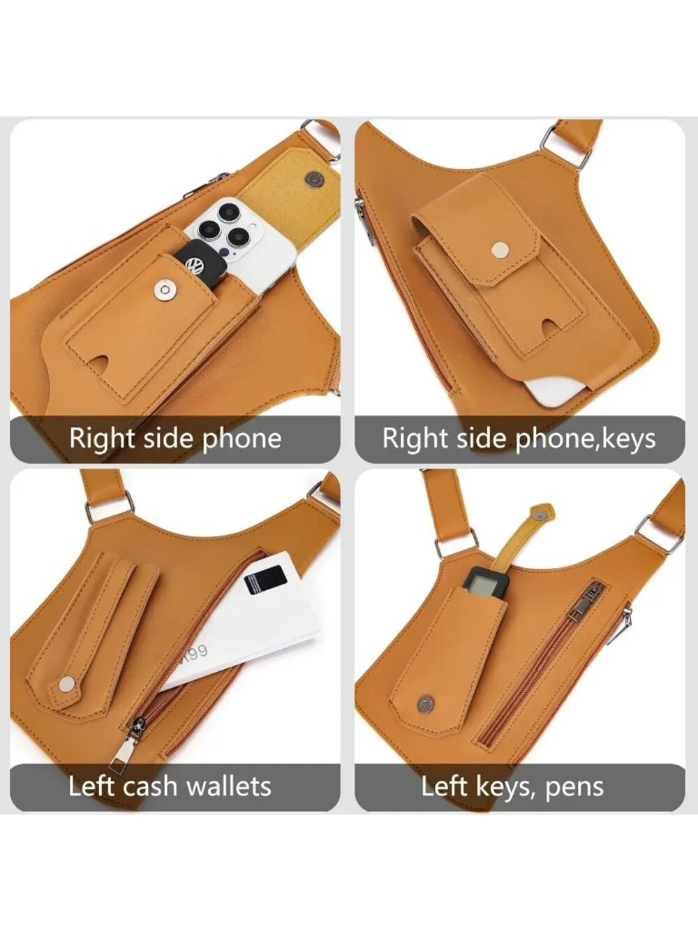 Mens Brown Chest rig Underarm Anti Theft Adjustable Pocket Double Shoulder Strap